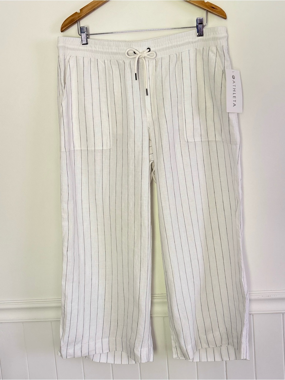 Athleta Bali Linen Pants Women Size 16 White Crop Striped beach neutral NEW d65